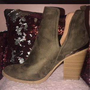 MUST SALE , Olive Green Suede Bootie, Sliver trim